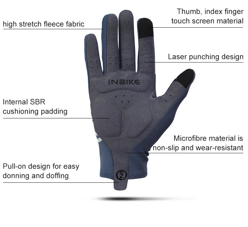 INBIKE 2024 Cycling Gloves Gel Padded for Men Autumn Winter Fleece Road Bike Gloves MTB Full Finger Touchscreen Bike Accessories