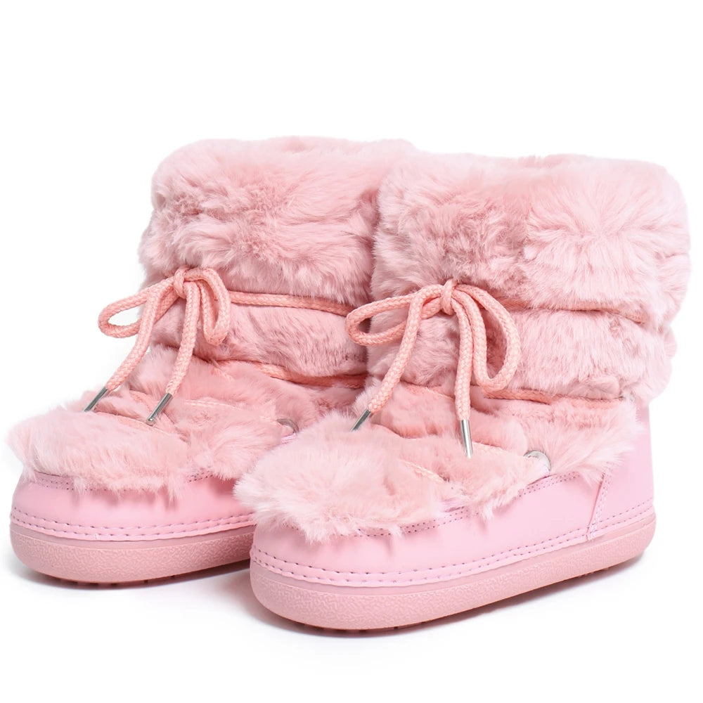 2025 Winter Snow Boots Women Ski Boots Luxury Fluffy Furry Fur Boots Female Rivets Warm Waterproof Platform Black Cotton Boots