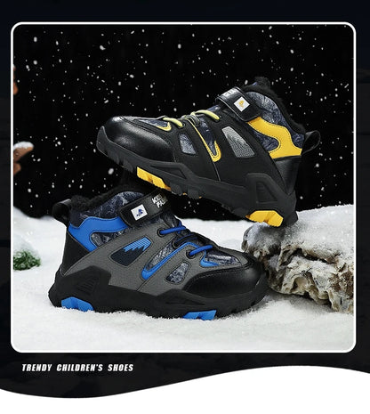 Winter Fur Hiking Shoes Kids Non-slip Claw Sports Shoes Outdoor Warm Velvet Snow Boots Children High Top Platform Sneakers Boys