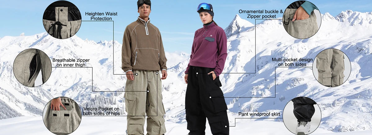GSOU SNOW Winter Multi Pockets Ski Pants Men Loose Snow Pants Warm Windproof Skiing Trousers Outdoor Sports Breathable Britches