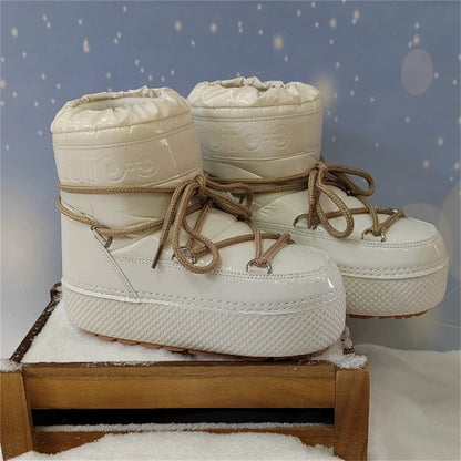Women Platform Boots 2025 Winter Ski Boots Woman Non-slip PU Leather Waterproof Snow Boots Black Sponge Cotton Lined Ankle Boots
