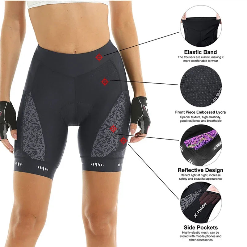 X-TIGER Women's Cycling Shorts Competitive Foam Padded MTB Bike Shorts with Side Pockets Summer Reflective Bib Tights