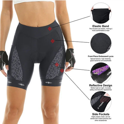 X-TIGER Women's Cycling Shorts Competitive Foam Padded MTB Bike Shorts with Side Pockets Summer Reflective Bib Tights