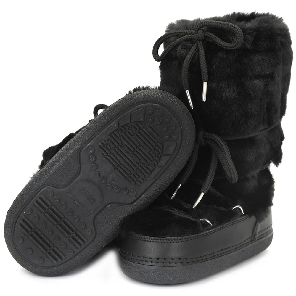 2025 Winter Snow Boots Women Ski Boots Luxury Fluffy Furry Fur Boots Female Rivets Warm Waterproof Platform Black Cotton Boots