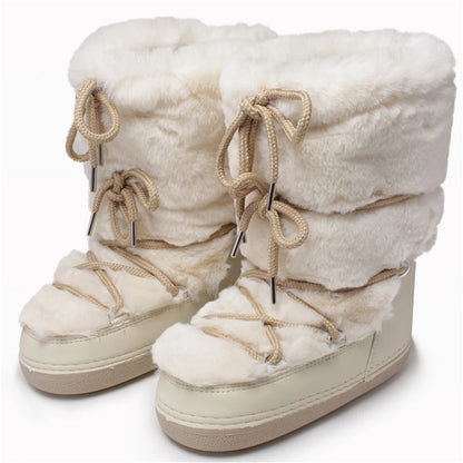 2025 Winter Snow Boots Women Ski Boots Luxury Fluffy Furry Fur Boots Female Rivets Warm Waterproof Platform Black Cotton Boots