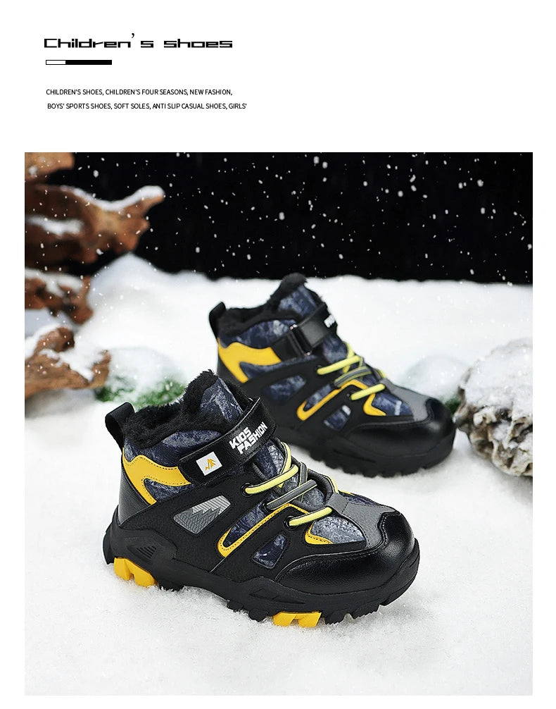 Winter Fur Hiking Shoes Kids Non-slip Claw Sports Shoes Outdoor Warm Velvet Snow Boots Children High Top Platform Sneakers Boys