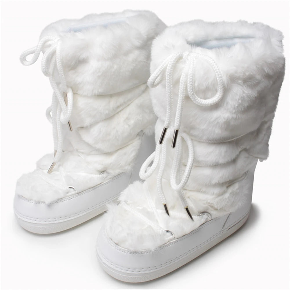 2025 Winter Snow Boots Women Ski Boots Luxury Fluffy Furry Fur Boots Female Rivets Warm Waterproof Platform Black Cotton Boots