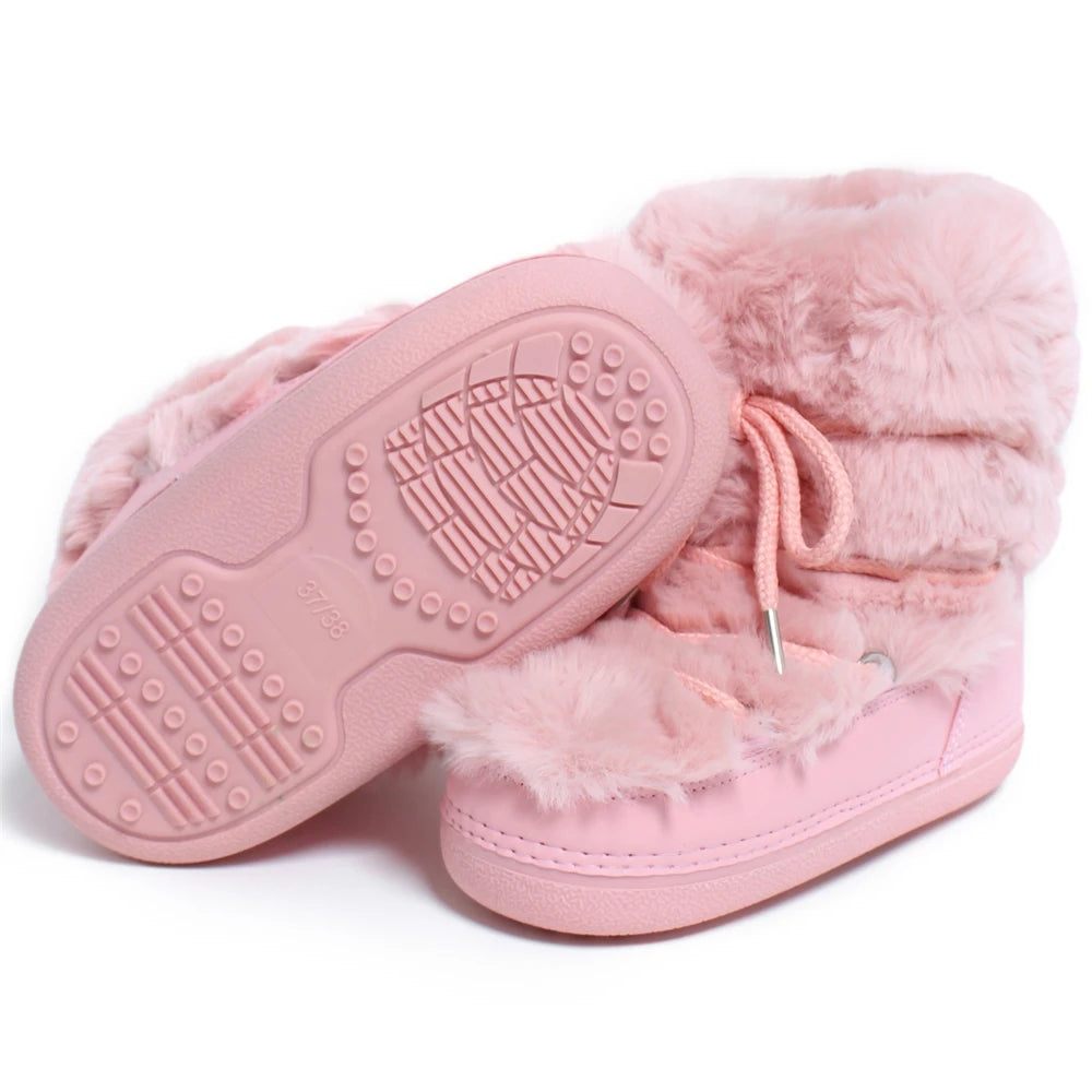 2025 Winter Snow Boots Women Ski Boots Luxury Fluffy Furry Fur Boots Female Rivets Warm Waterproof Platform Black Cotton Boots