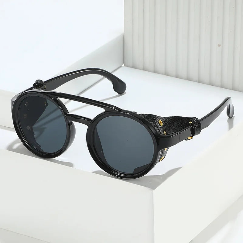 Retro Round Sunglasses Men Women - Vintage Leather UV400 Anti-Wind Outdoor Sports Goggles