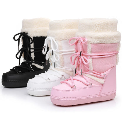 2025 Winter Snow Boots Women Boots Brand Design Fluffy Furry Fur Boots Waterproof Platform Non-slip Lace-up Mid-calf Ski Boots