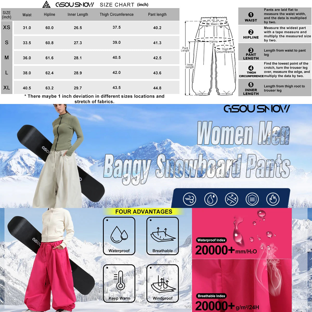 GSOU SNOW Plus Size Winter Ski Trousers Super Baggy Men Snowboard Clothes Women Snow Pants Outdoor Sports Winterproof Breathable