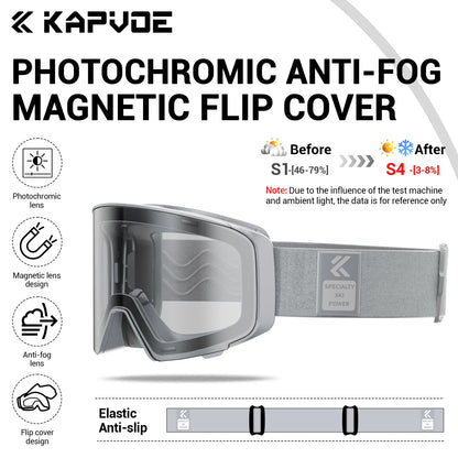 Kapvoe Photochromic Ski Goggles Magnetic Anti-Fog Lenses UV400 Protection Men Women Ski Goggles Winter Sports Eyewear