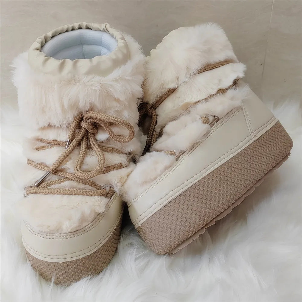 Women Platform Boots 2025 Winter Ski Boots Woman Non-slip PU Leather Waterproof Snow Boots Black Sponge Cotton Lined Ankle Boots