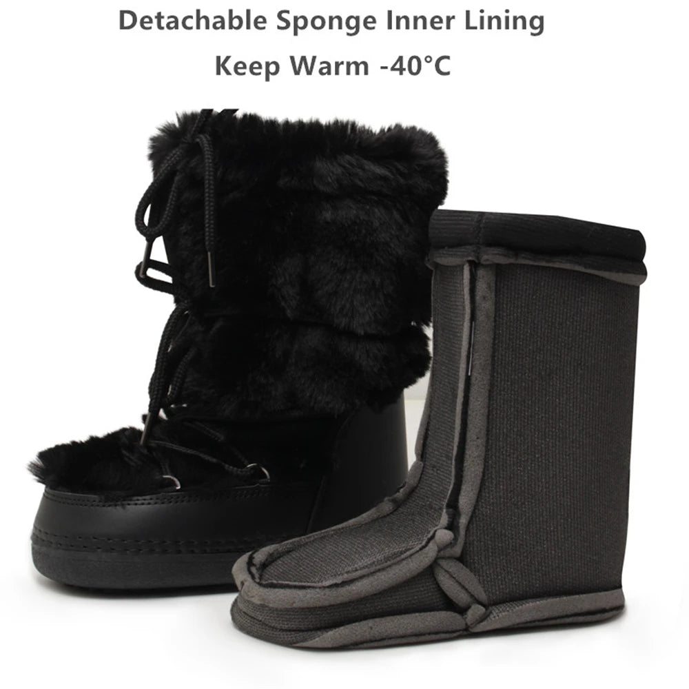 2025 Winter Snow Boots Women Ski Boots Luxury Fluffy Furry Fur Boots Female Rivets Warm Waterproof Platform Black Cotton Boots