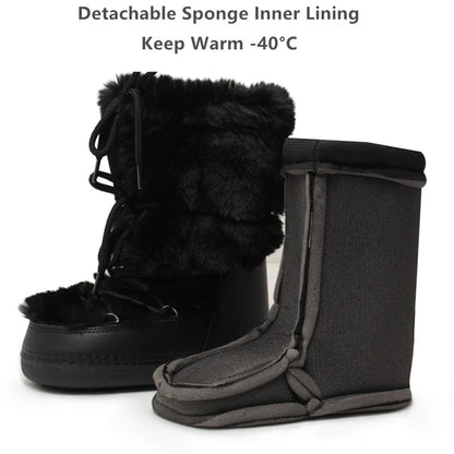 2025 Winter Snow Boots Women Ski Boots Luxury Fluffy Furry Fur Boots Female Rivets Warm Waterproof Platform Black Cotton Boots