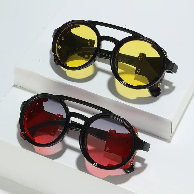 Retro Round Sunglasses Men Women - Vintage Leather UV400 Anti-Wind Outdoor Sports Goggles