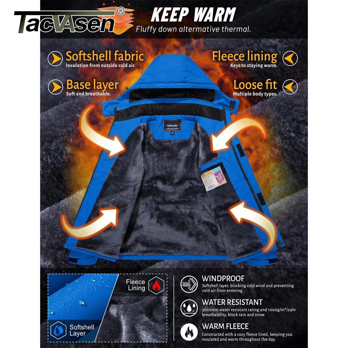 TACVASEN Winter Thicken Ski Snowboard Jacket Mens Fleece Waterproof Hiking Jackets Outdoor Mountain Trekking Windbreaker Parka