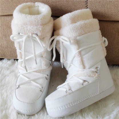2025 Winter Snow Boots Women Boots Brand Design Fluffy Furry Fur Boots Waterproof Platform Non-slip Lace-up Mid-calf Ski Boots