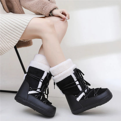 2025 Winter Snow Boots Women Boots Brand Design Fluffy Furry Fur Boots Waterproof Platform Non-slip Lace-up Mid-calf Ski Boots