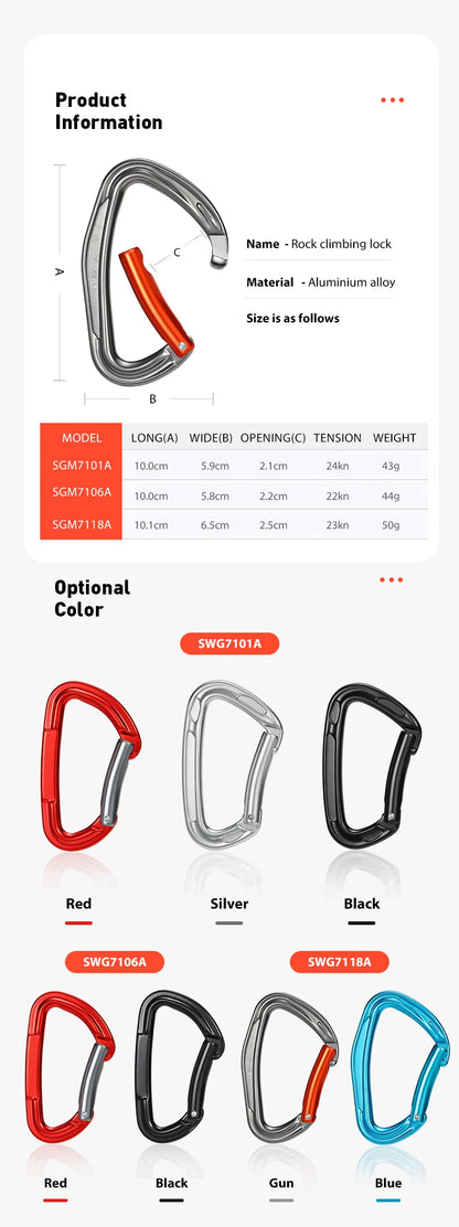 CLIWIZ SGM7118 Curved D- Straight UIAA CE Certified Climbing Carabiner 23kN 7075 Aluminum Carabiner Climbing Safety Snap Hook