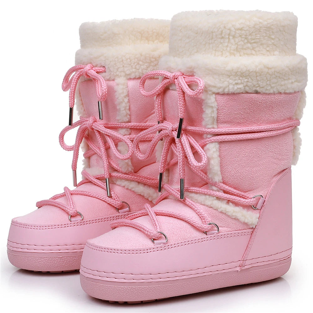 2025 Winter Snow Boots Women Boots Brand Design Fluffy Furry Fur Boots Waterproof Platform Non-slip Lace-up Mid-calf Ski Boots
