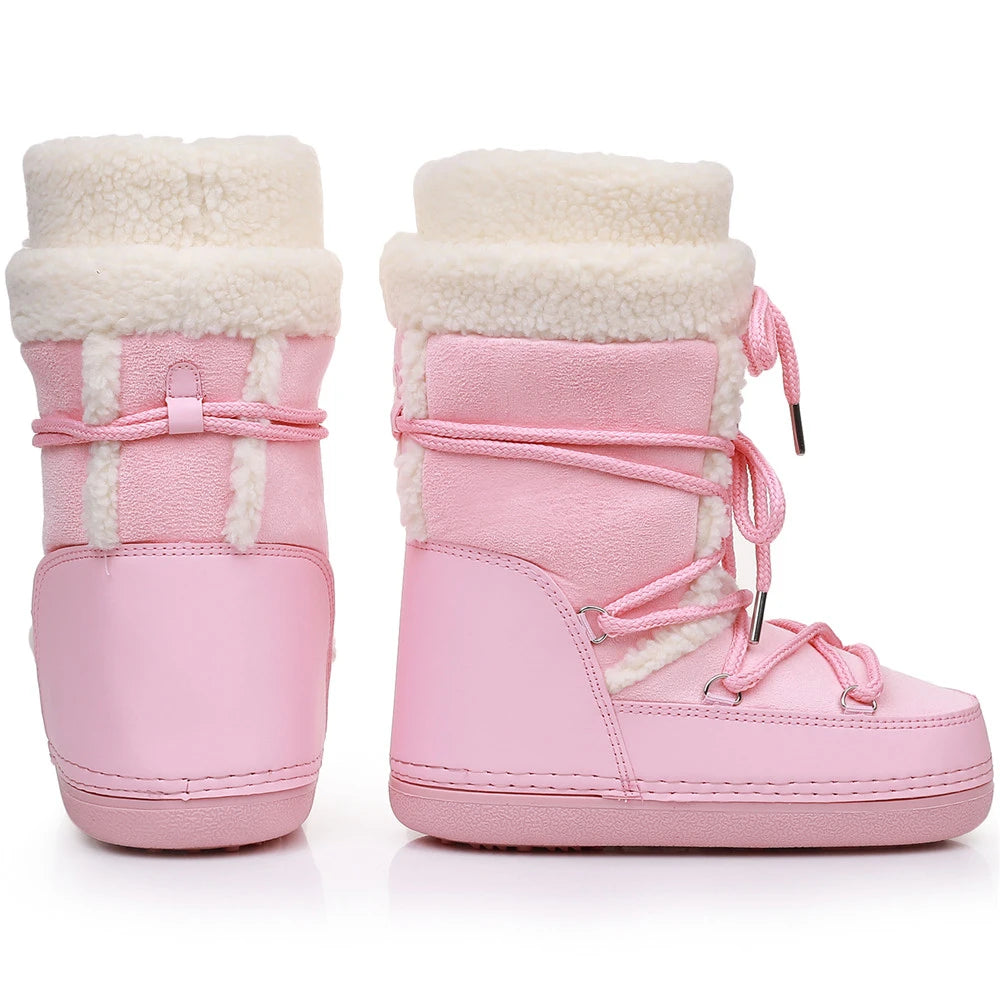 2025 Winter Snow Boots Women Boots Brand Design Fluffy Furry Fur Boots Waterproof Platform Non-slip Lace-up Mid-calf Ski Boots