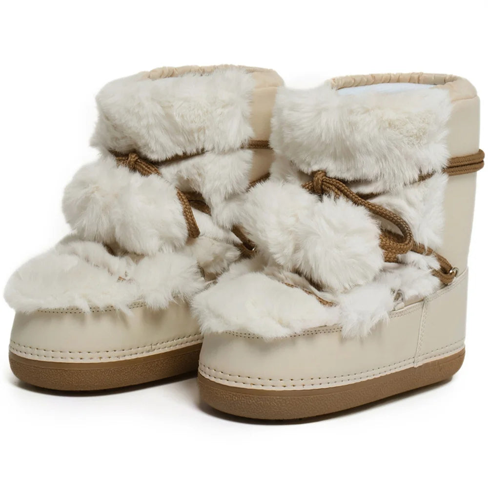 2025 Winter Snow Boots Women Boots Brand Design Fluffy Furry Fur Boots Waterproof Platform Non-slip Lace-up Mid-calf Ski Boots