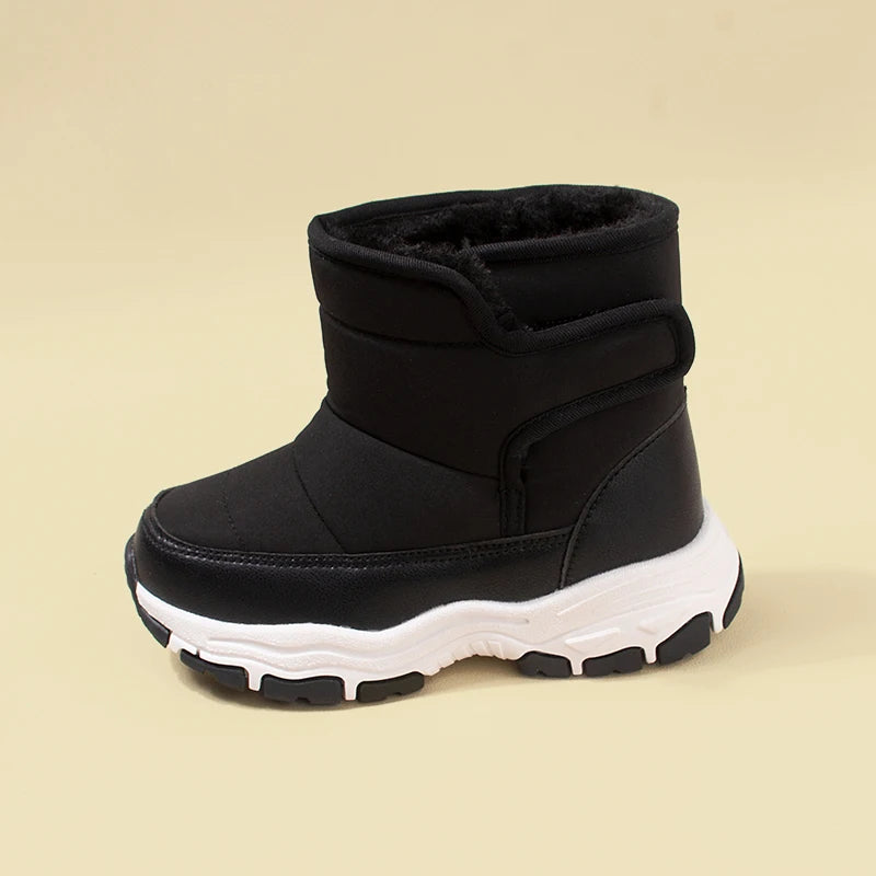 Winter New Waterproof Fabric Big Kids Fleece Snow Boots Children Warm Chunky Sole Casual Plush Boots EKF75