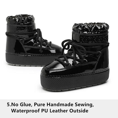 Women Platform Boots 2025 Winter Ski Boots Woman Non-slip PU Leather Waterproof Snow Boots Black Sponge Cotton Lined Ankle Boots