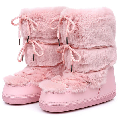 2025 Winter Boots for Women Snow Boots Brand Fluffy Furry Fur Lace Up Black Pink Platform Non-Slip Waterproof Ski Boots