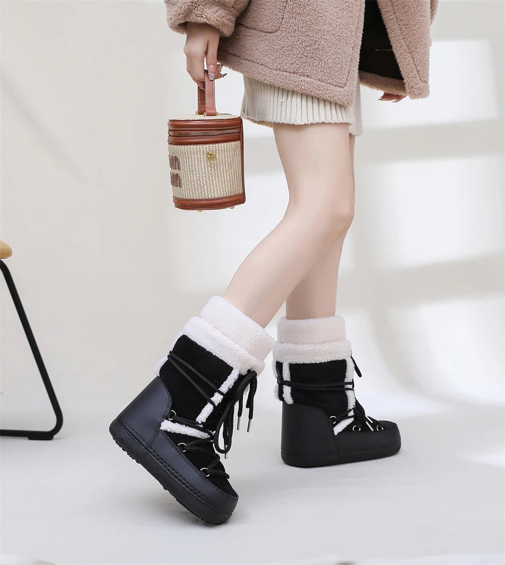 2025 Winter Snow Boots Women Boots Brand Design Fluffy Furry Fur Boots Waterproof Platform Non-slip Lace-up Mid-calf Ski Boots