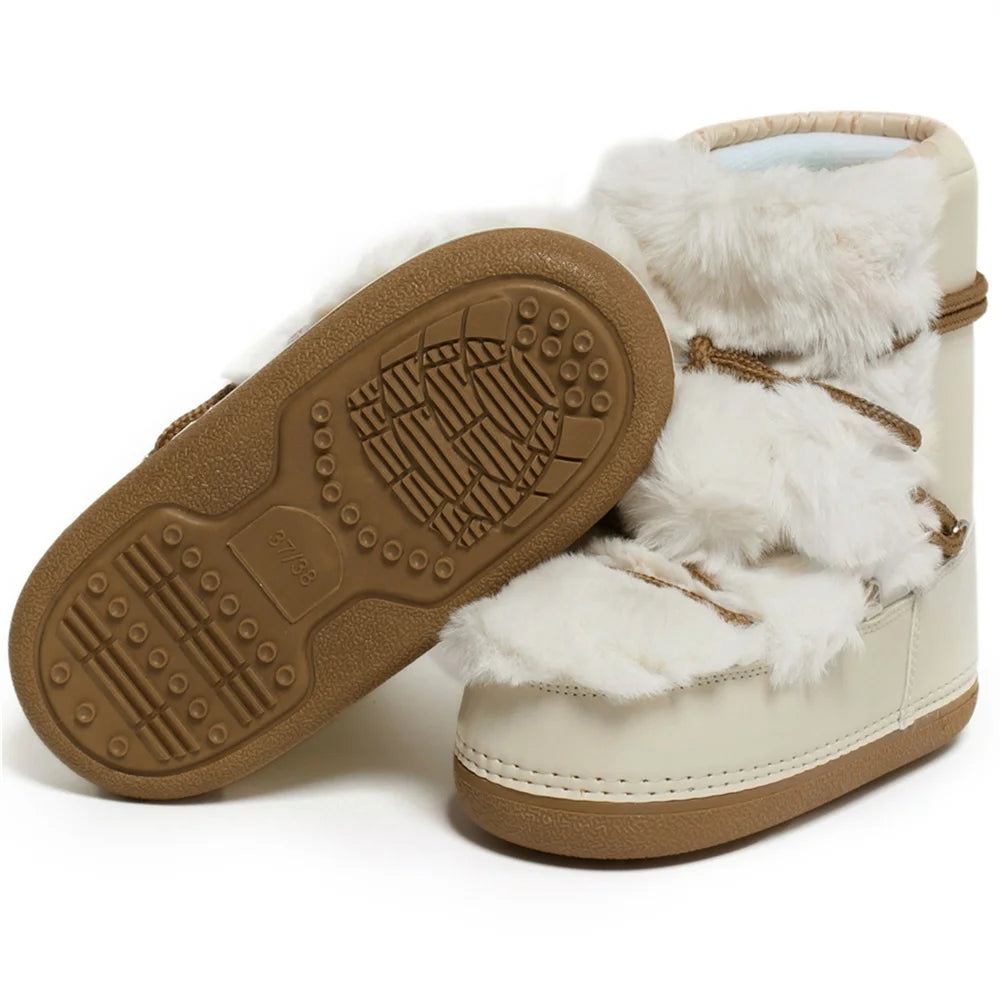 2025 Winter Snow Boots Women Boots Brand Design Fluffy Furry Fur Boots Waterproof Platform Non-slip Lace-up Mid-calf Ski Boots