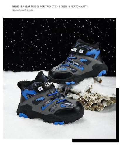 Winter Fur Hiking Shoes Kids Non-slip Claw Sports Shoes Outdoor Warm Velvet Snow Boots Children High Top Platform Sneakers Boys