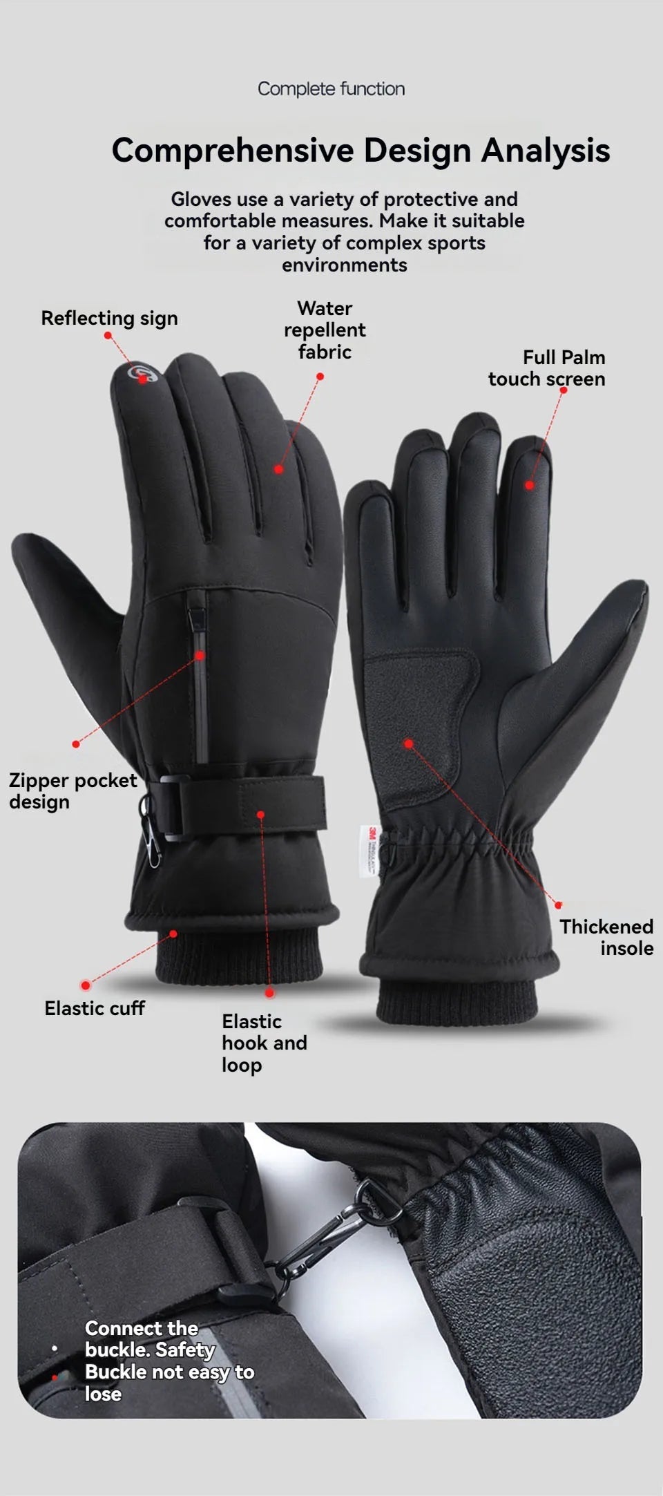 GOBYGO 1Pair Winter Ski Gloves Thickened Cold Non-slip Waterproof Touch Screen Gloves Extended Wrist Riding Ski Gloves Men Women