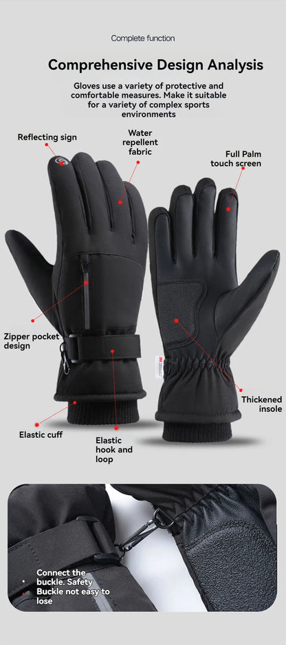 GOBYGO 1Pair Winter Ski Gloves Thickened Cold Non-slip Waterproof Touch Screen Gloves Extended Wrist Riding Ski Gloves Men Women