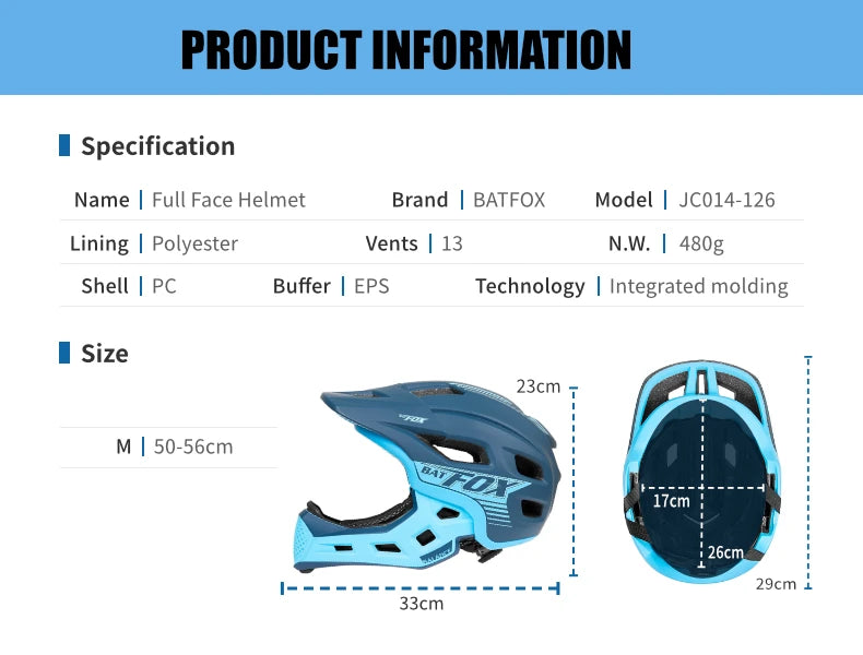 BATFOX Kids Full Face bike helmet Detachable Downhill Children Cycling Motorcycle Skateboard Sports Racing Racing Bicycle helmet