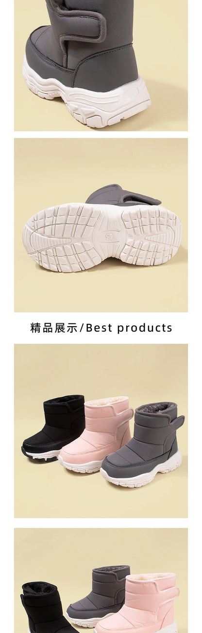 Winter New Waterproof Fabric Big Kids Fleece Snow Boots Children Warm Chunky Sole Casual Plush Boots EKF75