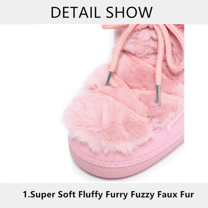 2025 Winter Boots for Women Snow Boots Brand Fluffy Furry Fur Lace Up Black Pink Platform Non-Slip Waterproof Ski Boots