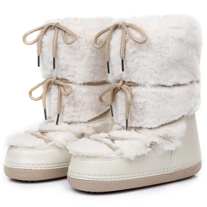 Fluffy Fur Boots 2025 Winter Fashion Sexy Faux Fox Fur Snow Boots Ladies Furry Warm Cotton Boots Female Outdoor Ski Boots