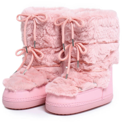 2025 Winter Snow Boots Women Ski Boots Luxury Fluffy Furry Fur Boots Female Rivets Warm Waterproof Platform Black Cotton Boots