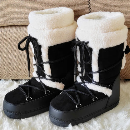 2025 Winter Snow Boots Women Boots Brand Design Fluffy Furry Fur Boots Waterproof Platform Non-slip Lace-up Mid-calf Ski Boots