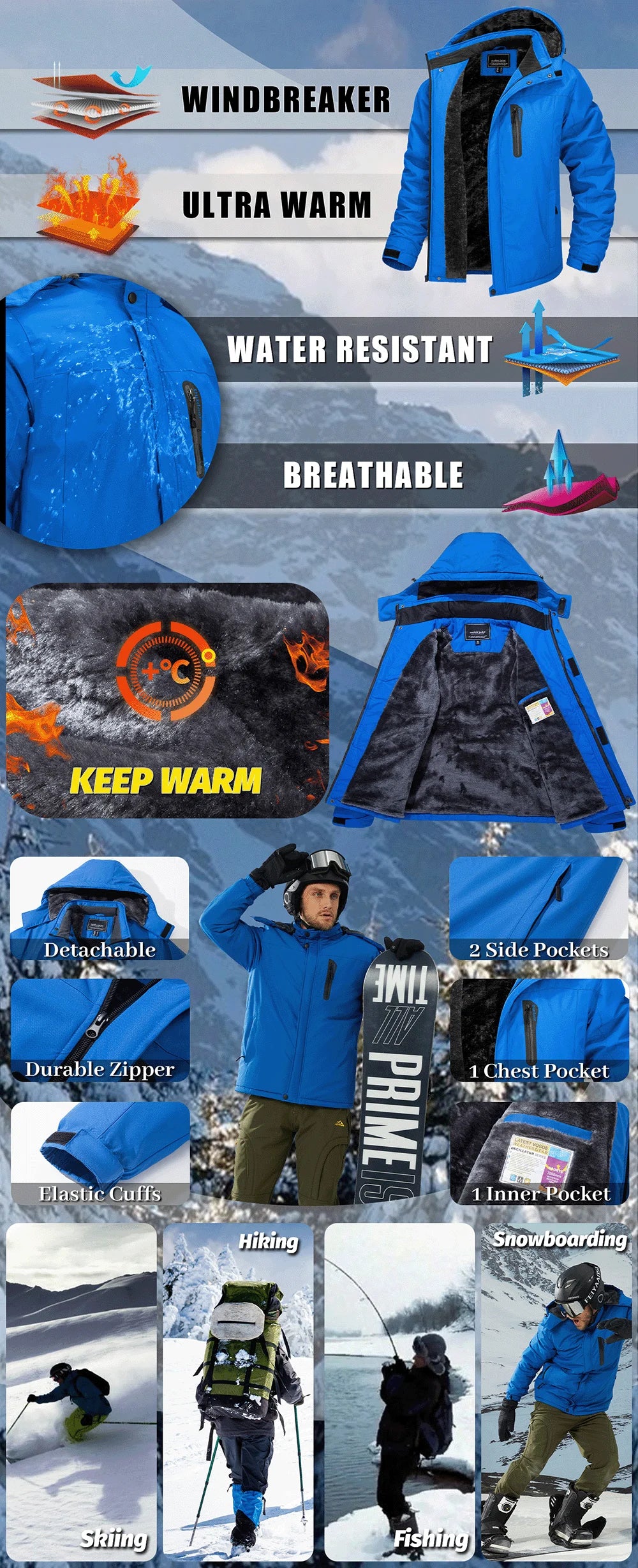 TACVASEN Winter Thicken Ski Snowboard Jacket Mens Fleece Waterproof Hiking Jackets Outdoor Mountain Trekking Windbreaker Parka