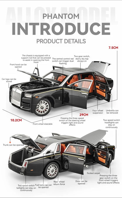 1:18 Rolls-Royce Phantom Model Car, Zinc Alloy Pull Back Toy Diecast Car with Sound and Light, Realistic Modeling Model Toy111