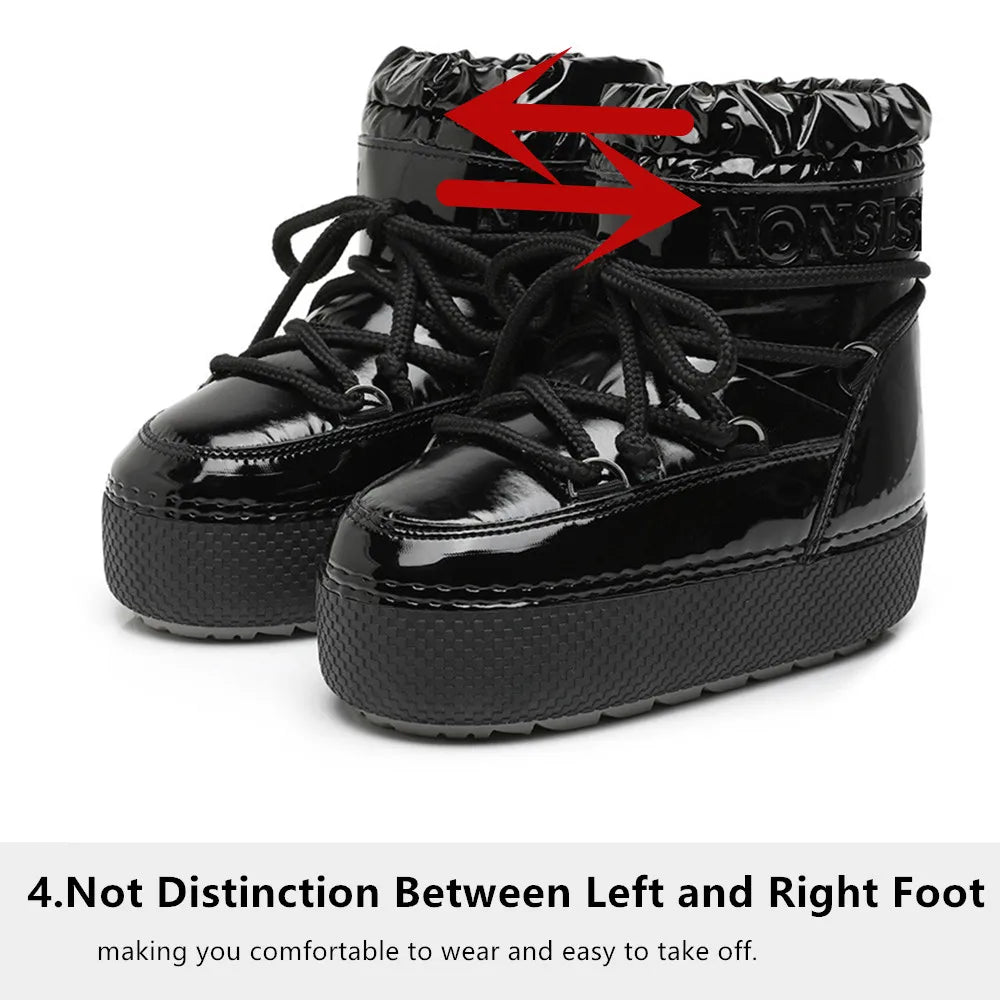 Women Platform Boots 2025 Winter Ski Boots Woman Non-slip PU Leather Waterproof Snow Boots Black Sponge Cotton Lined Ankle Boots