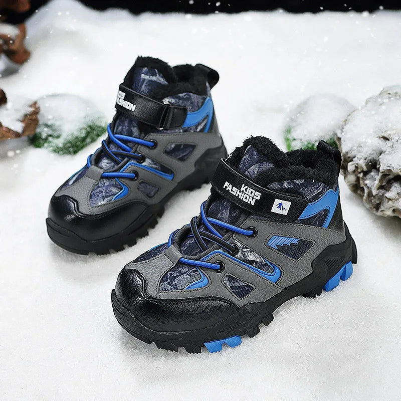 Winter Fur Hiking Shoes Kids Non-slip Claw Sports Shoes Outdoor Warm Velvet Snow Boots Children High Top Platform Sneakers Boys