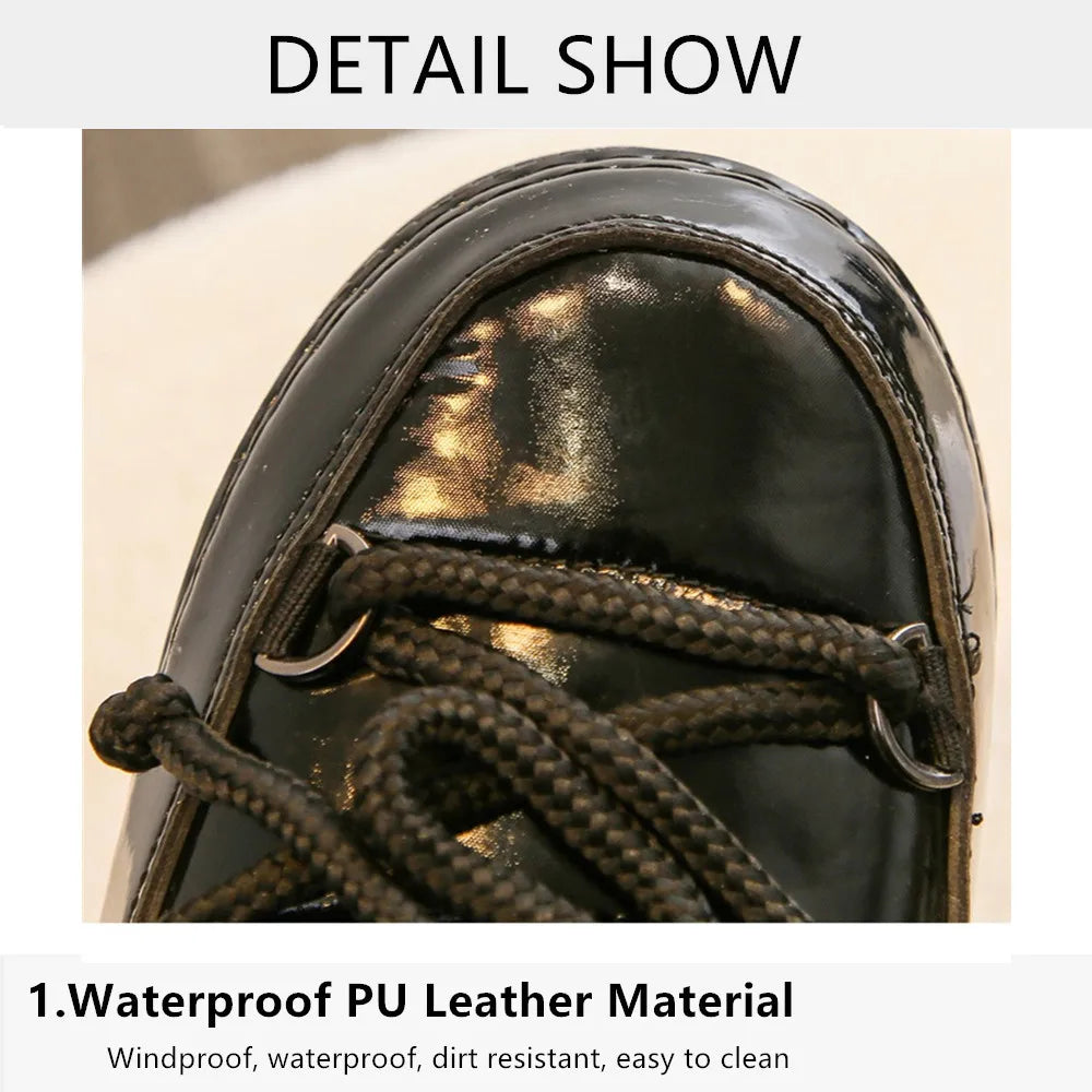 Women Platform Boots 2025 Winter Ski Boots Woman Non-slip PU Leather Waterproof Snow Boots Black Sponge Cotton Lined Ankle Boots