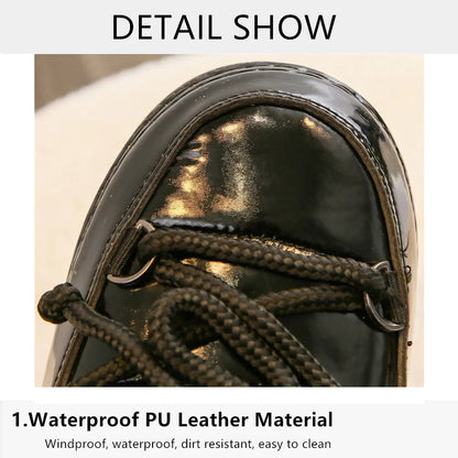 Women Platform Boots 2025 Winter Ski Boots Woman Non-slip PU Leather Waterproof Snow Boots Black Sponge Cotton Lined Ankle Boots