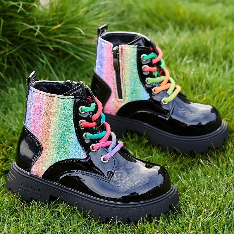 Autumn Winter High-Top Lace-Up Kids Martin Boots for Girls Boys Fashion Leather Boots Soft Bottom Non-slip Children Hiking Shoes