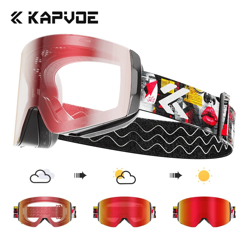 Kapvoe Photochromic Ski Goggles Magnetic Anti-Fog Lenses UV400 Protection Men Women Ski Goggles Winter Sports Eyewear