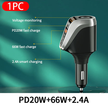 66W Quick Charge Car Cigarette Lighter Charger QC3.0/PD Port Phone Charger Socket DC 12V/24V Universal USB Type Power Adapter